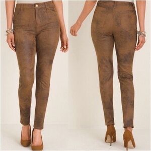 CHICOS FAUX SUEDE LEATHER BROWN COWBOY HIGH RISE SLIM LEG BOYFRIEND PANTS SZ 14P
